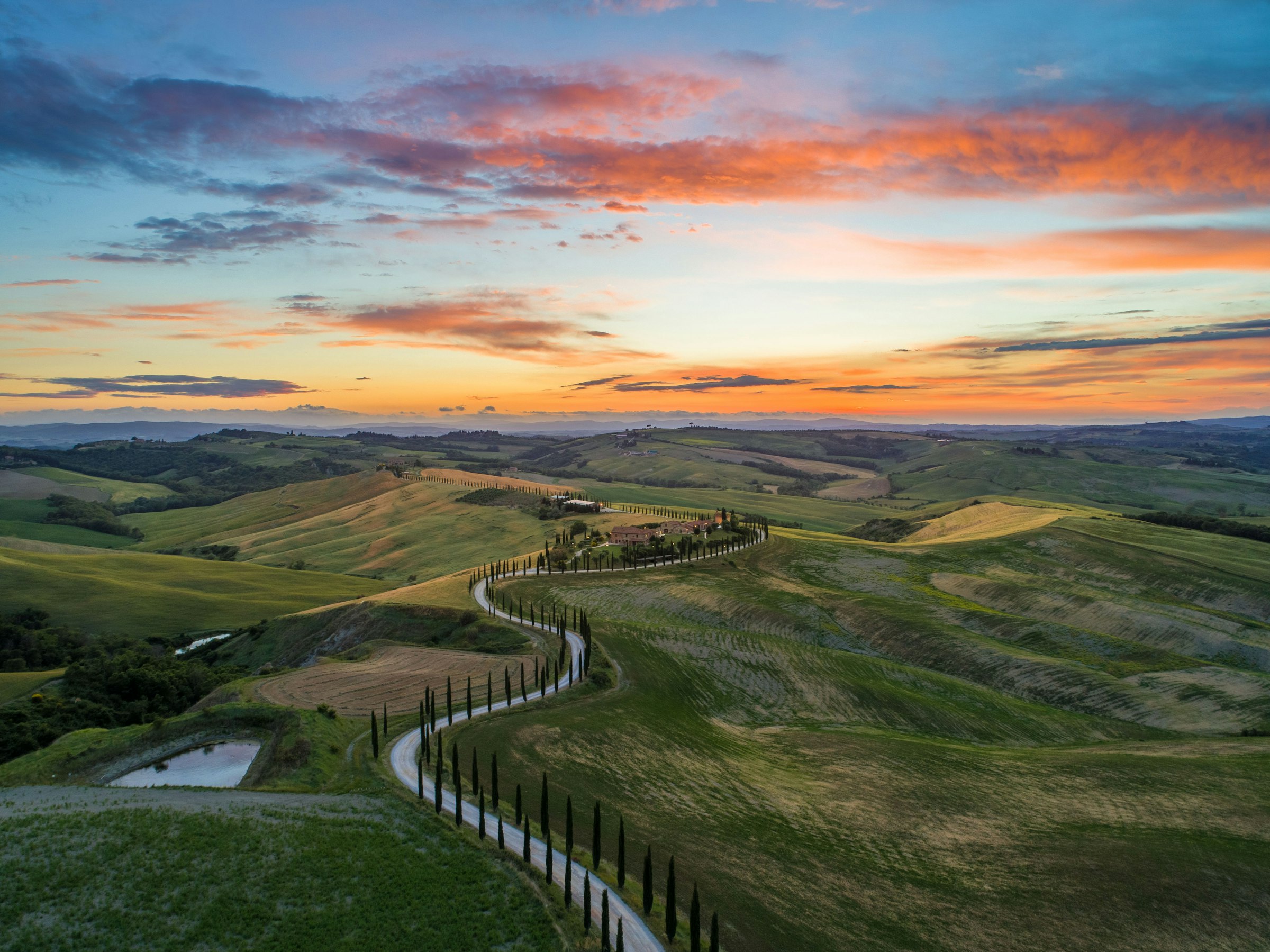 A cypress-lined white road winding through the Tuscan hills at sunset